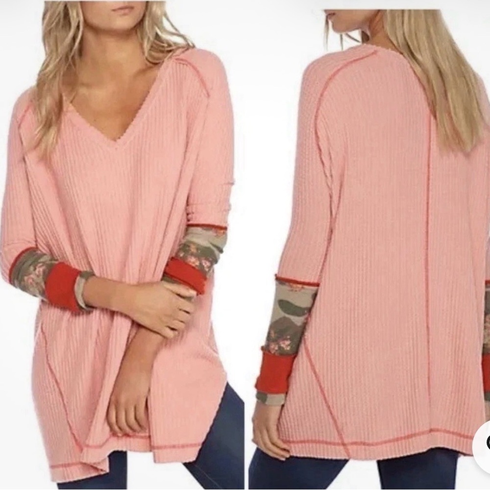 We the Free thermal waffle knit leopard print cuff orange V-Neck Tunic Top XS